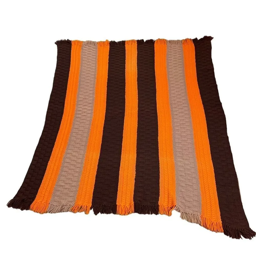 Decorative Warm Winter Fringe Edge Wool Textured Stripe Knit Throw Blanket